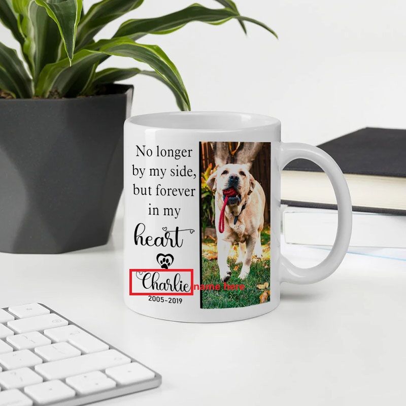 Personalisierte Tasse mit Foto und Namen Erinnerungsgeschenk für Tierliebhaber "Für immer in meinem Herzen"