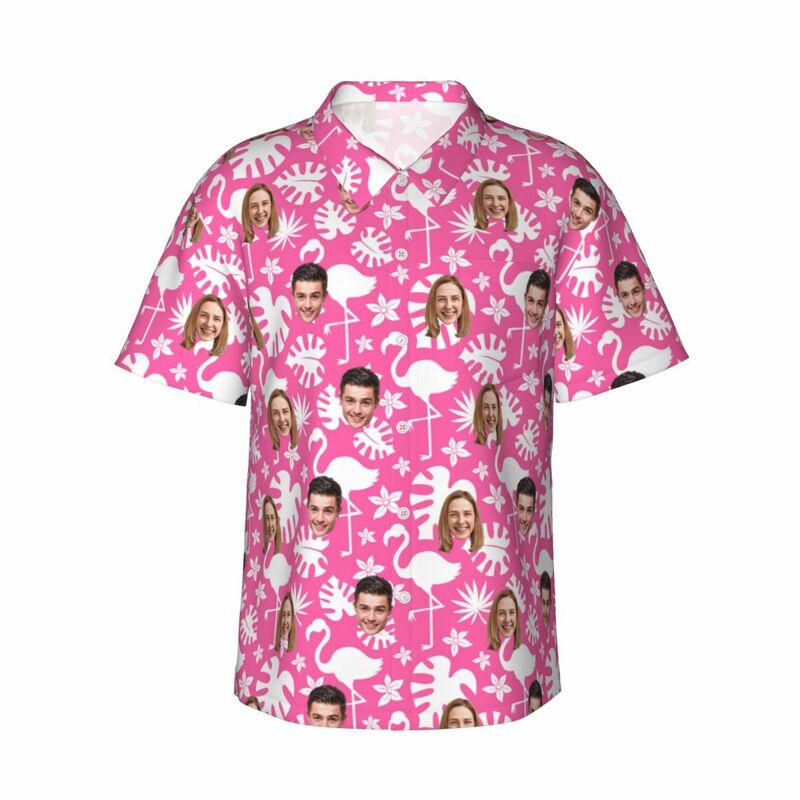 Benutzerdefinierte Gesicht Oberteile Weiß Flamingo Hawaii-Hemden Unisex für Paare im Urlaub