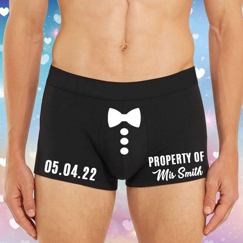 Boxer personnalisé pour homme avec nom et date et motif nœud blanc, meilleur cadeau pour lui