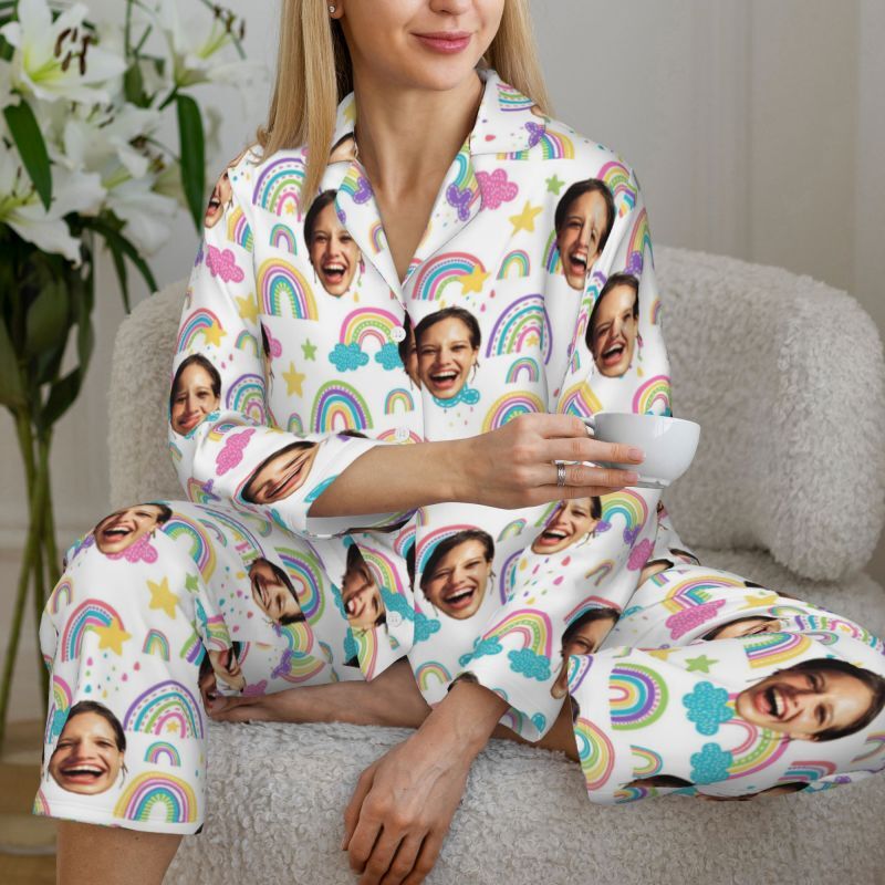 Personalisierte Pyjamas Foto niedlichen Wolken Regenbogen Regenmuster Design Vibrant Geschenk für Sie