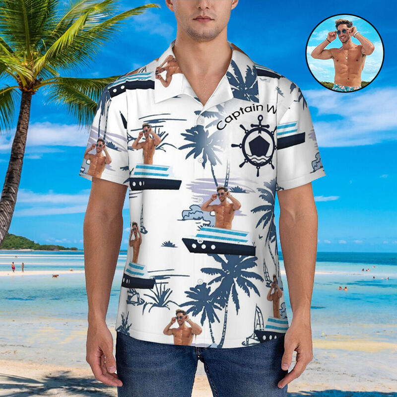 Personalized Hawaiian Shirt with Boat Print Funny Captain Title Short Sleeve Shirt Gift for Men