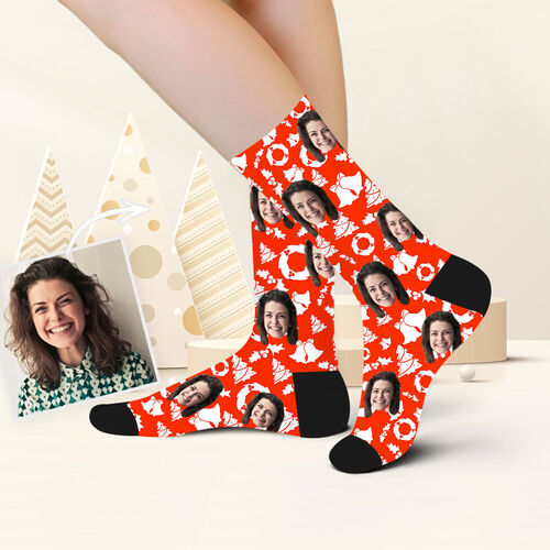 Custom Face Picture Socks Printed with Christmas Bell and Tree for Christmas
