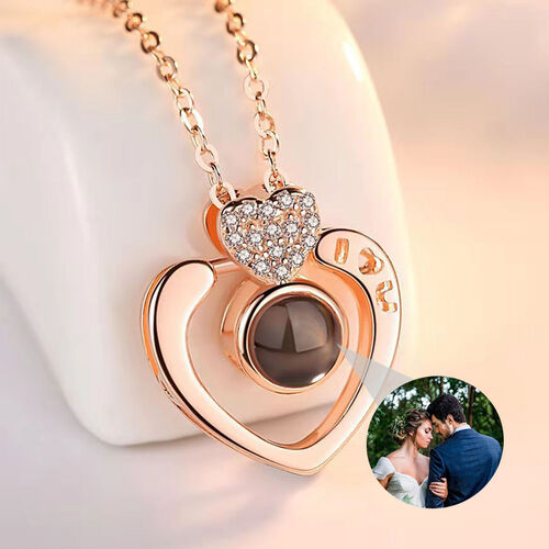 Personalized Double Heart Photo Projection Necklace with Diamonds for Valentine's Day