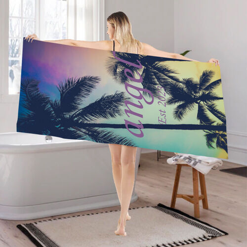 Custom Name and Date Bath Towel with Beautiful Scenery Pattern for Valentine's Day