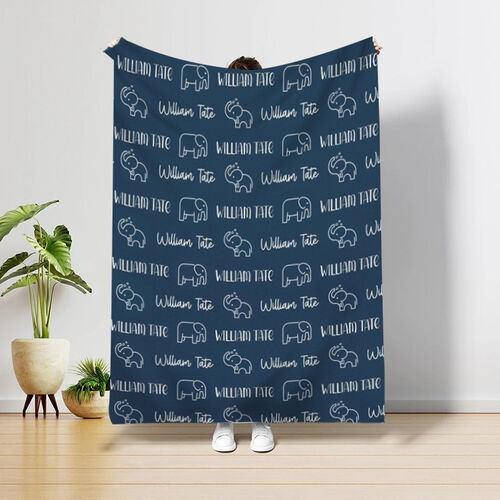 Personalized Name Cute Elephant Pattern Blanket Gift for Kids