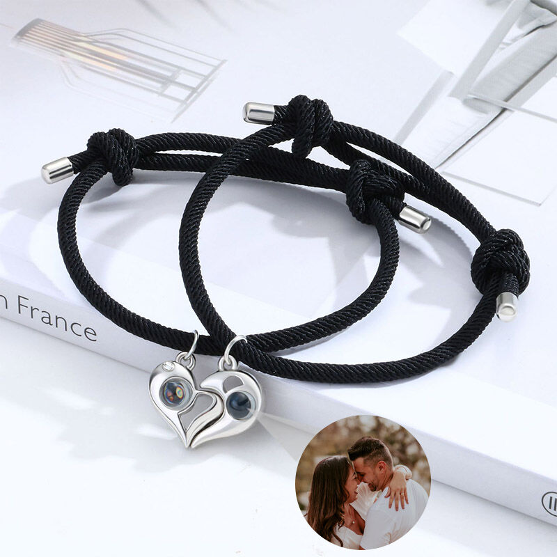Personalized Heart Attracts Photo Projection Black Pair of Braided Bracelet