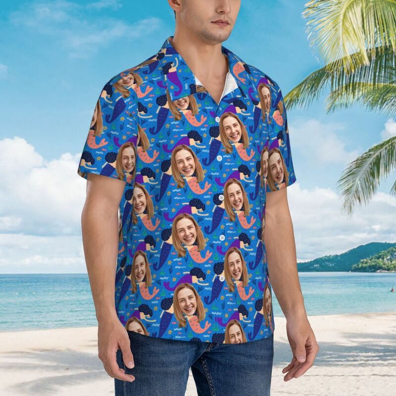 Camisa Personalizada Estilo Tropical Añadir Fotos Sirena Imprimir para Vacaciones en la Playa para Novio