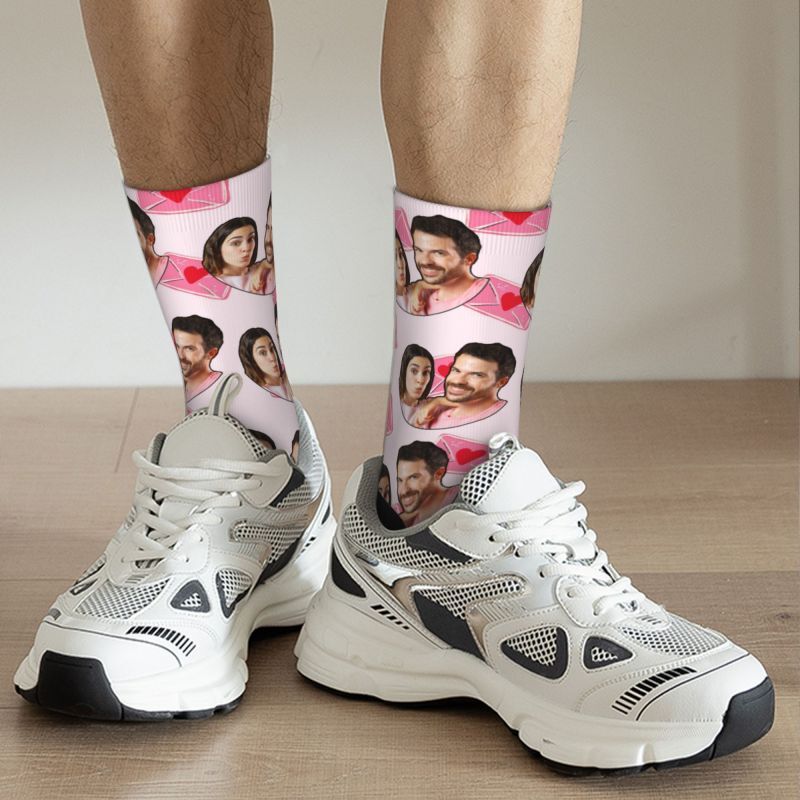 Personalized Face Socks with Pink Envelope Pattern to Add a Couple Photo for Anniversary