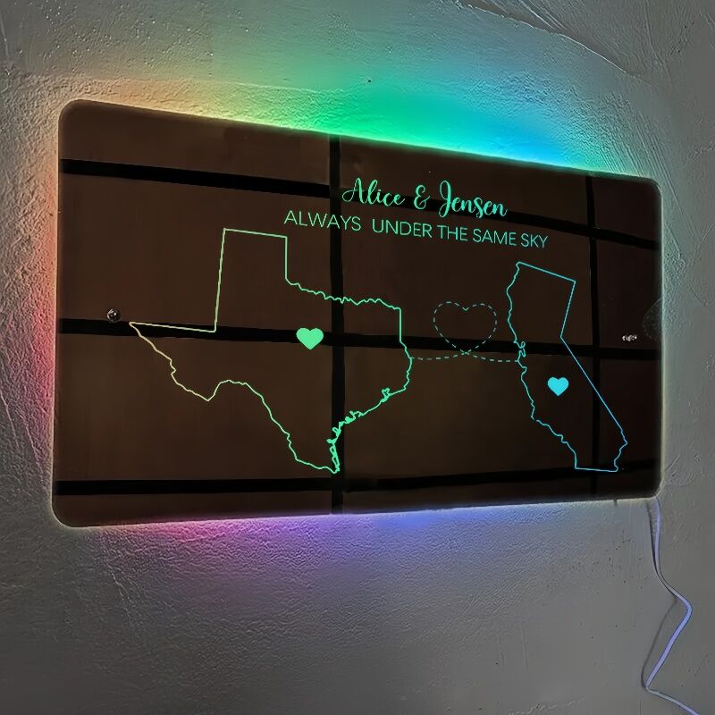 Personalized Mirror Lamp Custom Map Outline Gift For Long Distance Relationship