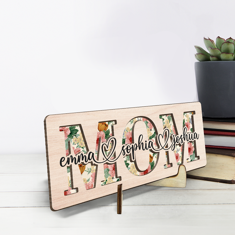 Personalized Frame Mom Wooden Sign with Custom Names Blossom Setting Design Perfect Mother's Day Gift