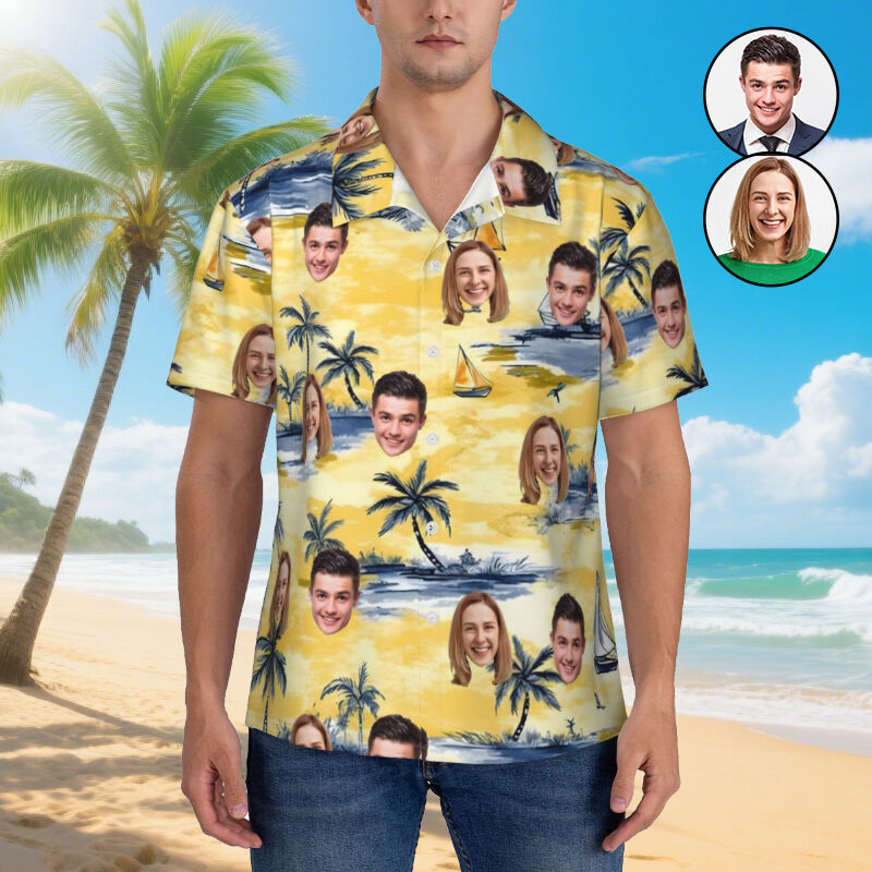 Personalized Hawaiian Shirt with Coconut Tree Print Yellow Short Sleeves Gift for Husband