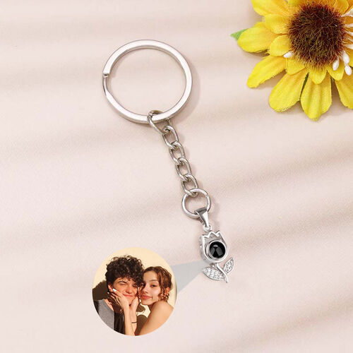 Personalized Rose Flower Photo Projection Keychain with Diamonds
