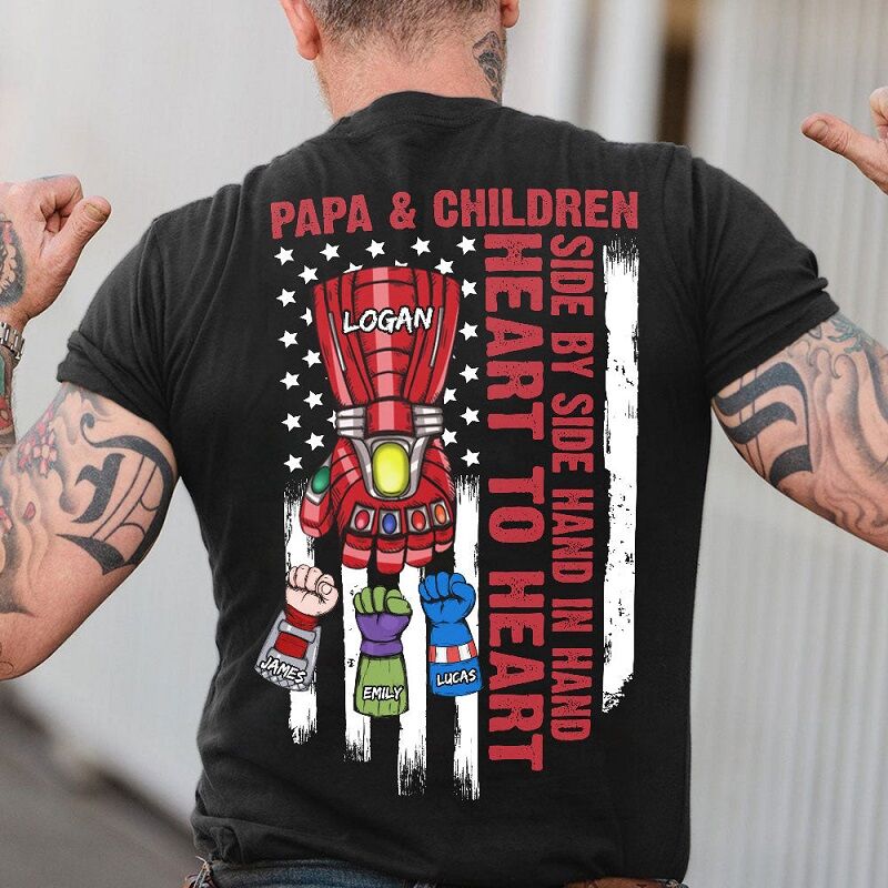 Personalized T-shirt Papa and Children with Optional Hero Fist Creative Gift for Father's Day