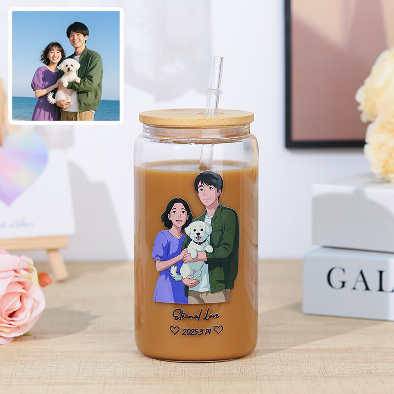 Personalisierte Bild Glastasse mit Deckel und Strohhalm Wunderbares Geschenk für die Familie