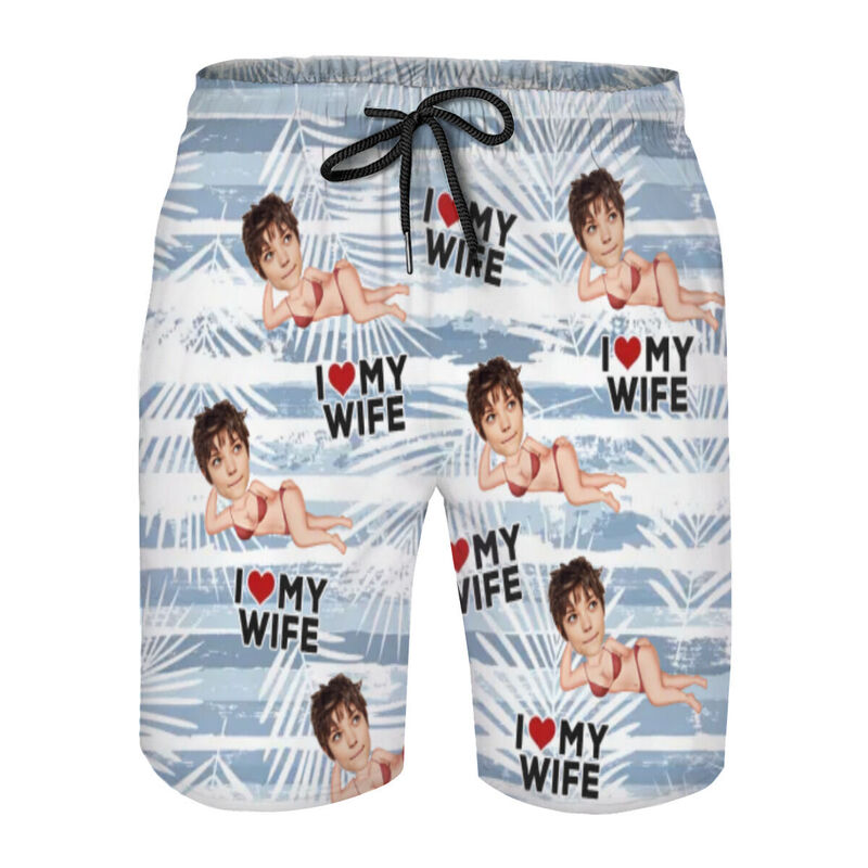 Personalized Picture Men's Beach Shorts Best Gift for Husband "I Love My Wife"