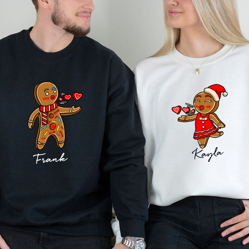 Personalized Sweatshirt Gingerbread Man and Woman Cute Couple Christmas Design Gift for Lovers