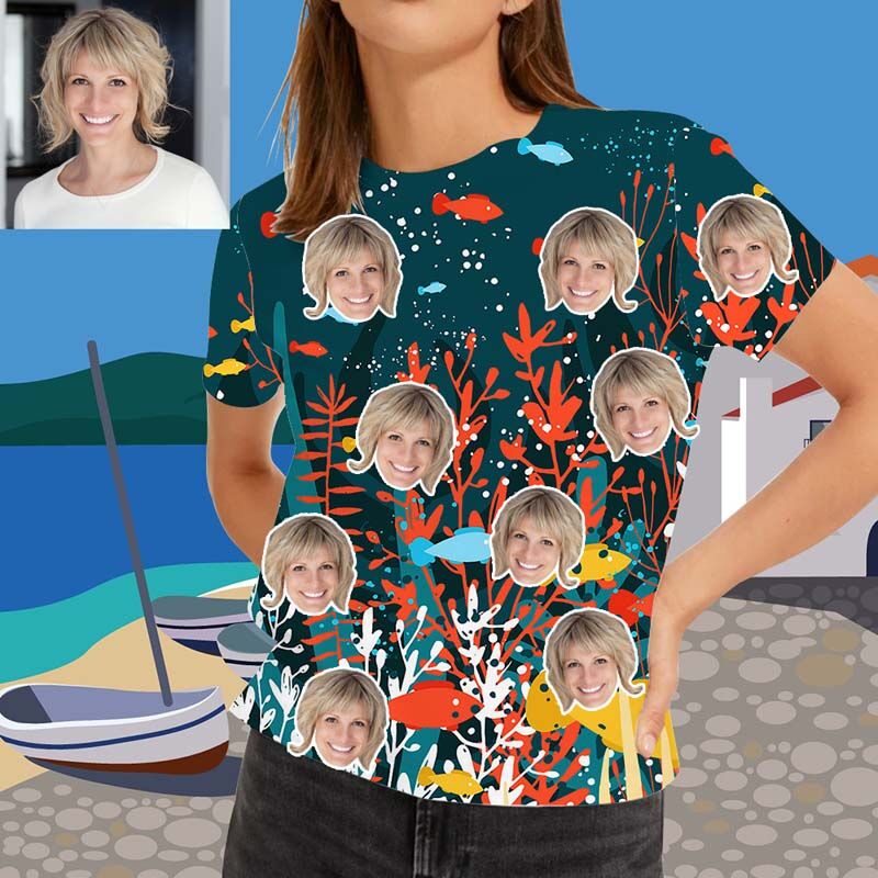 T-shirt "Le monde sous-marin" Visage personnalisé hawaïen pour femmes