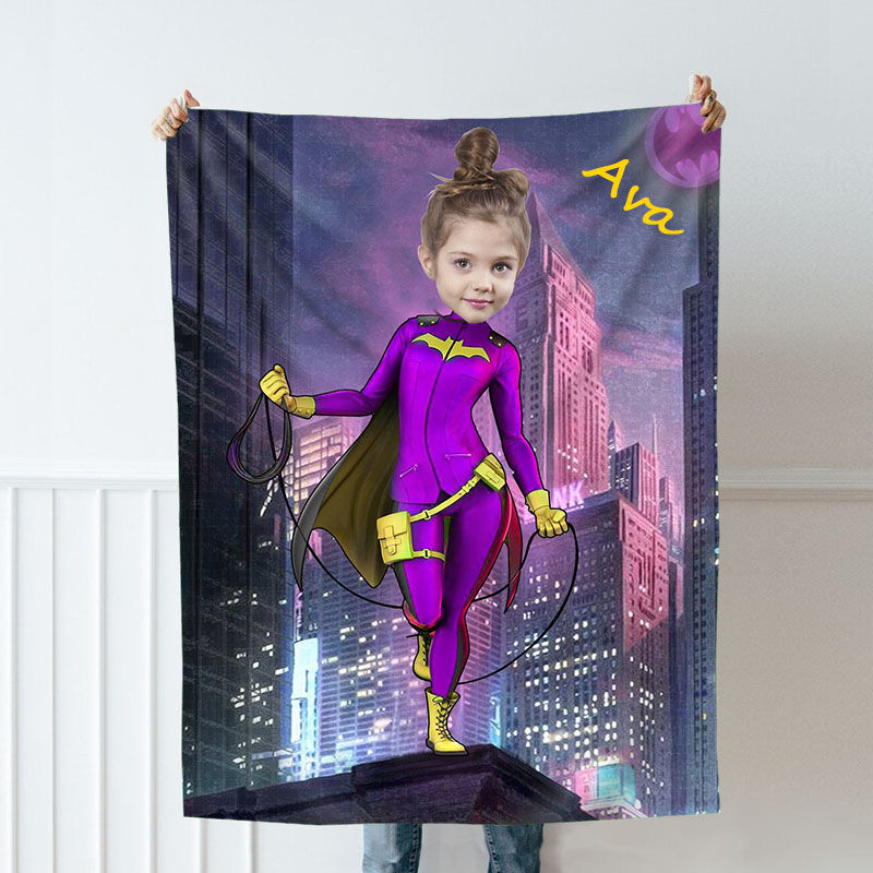 Personalized Custom Photo Blanket Cartoon Character City Background Girls Coral Fleece Blanket Gift