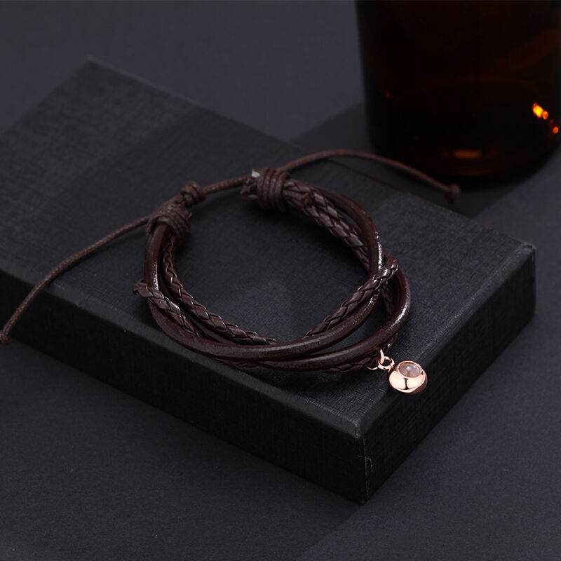 Personalized Projected Picture Heart Bracelet With Brown Leather Cord Warm Gift For Boyfrien