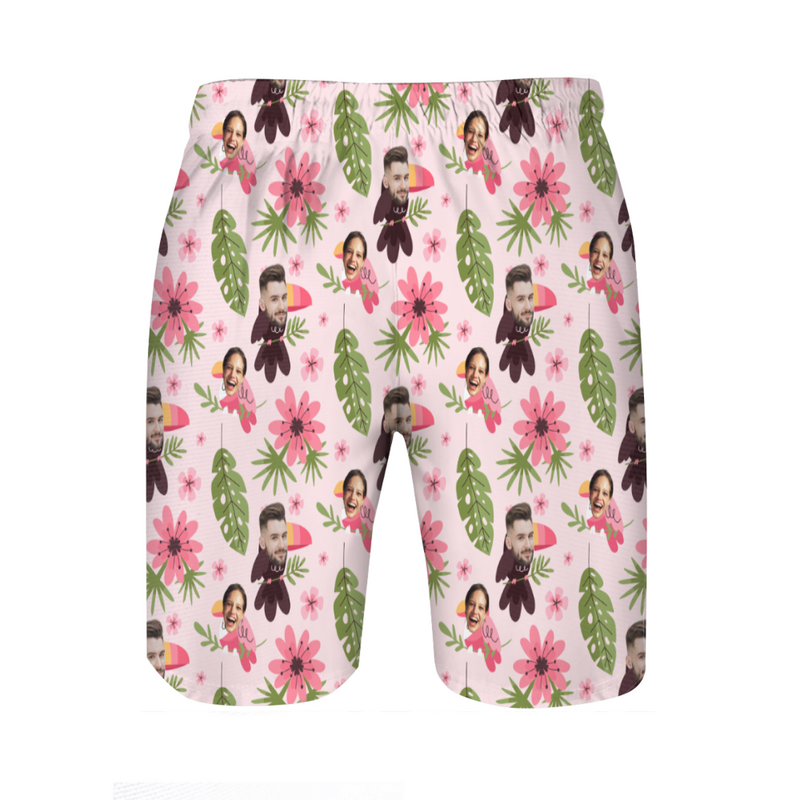 Personalized Picture Men's Beach Shorts with Pink Flowers Pattern Cute Gift for Family