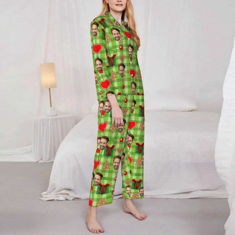 Pyjama personnalisé Photo personnalisée Élément de Noël Icônes Motif de style vert Cadeau pour la famille