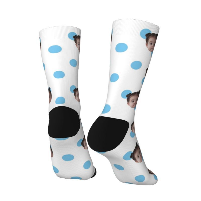 Customized Photo Socks Breathable Material with Blue Polka Dots for Friends