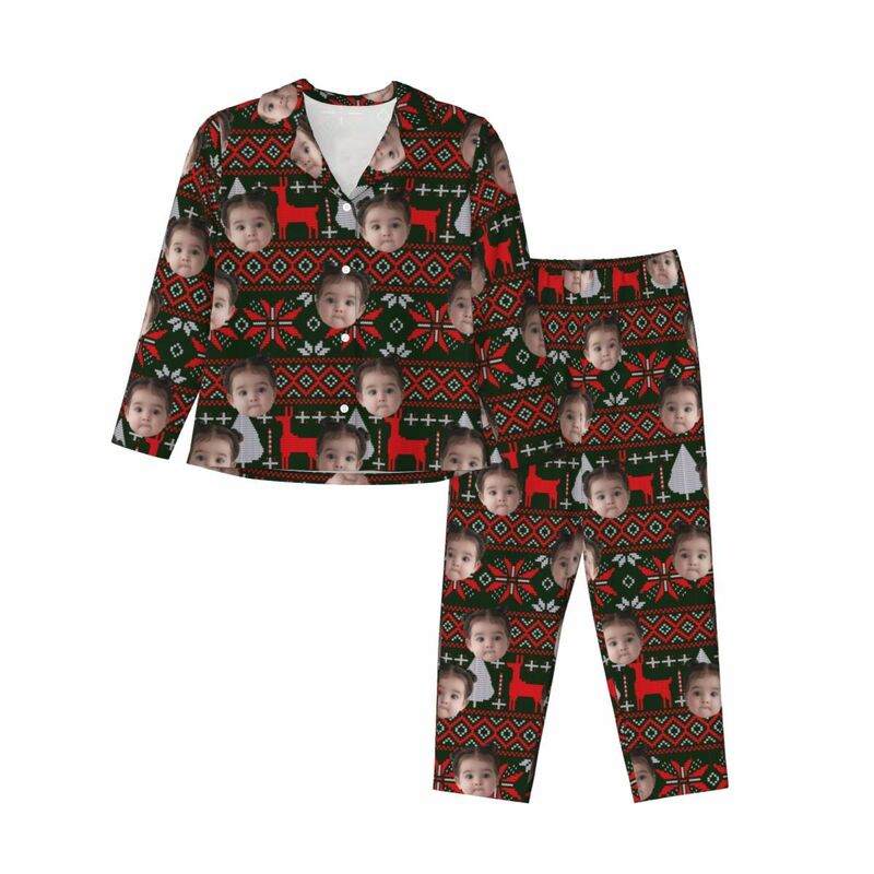 Personalized Pajamas Custom Photo Reindeer Snowflake Red and Black Style Design Gift for Family