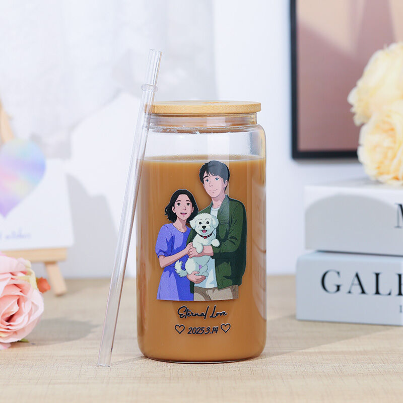Personalisierte Bild Glastasse mit Deckel und Strohhalm Wunderbares Geschenk für die Familie