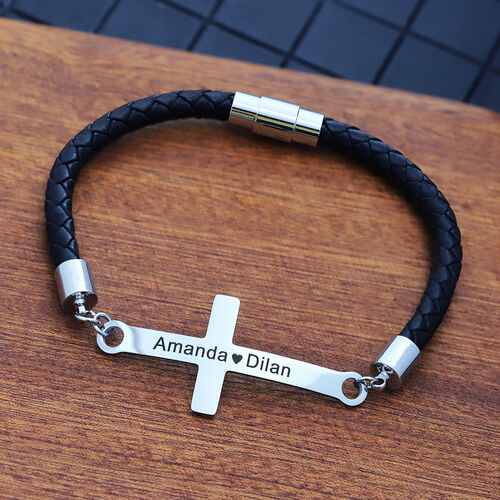 Bracelet Cordon en Cuir Tressé avec Croix Personnalisé Pour Homme