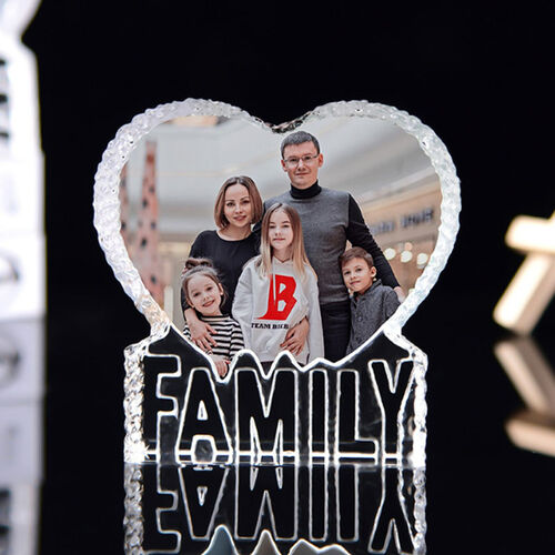 Cadre photo en cristal personnalisé en forme de coeur pour la famille