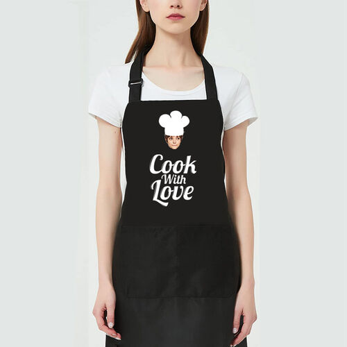 Personalized Photo Apron with Chef's Hat Pattern Elegant Gift for Family "Cook with Love"
