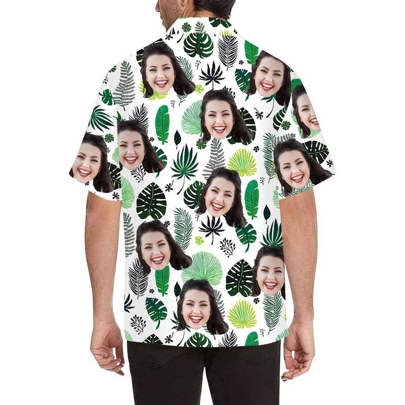 Chemise hawaïenne à impression intégrale pour hommes avec visage personnalisé et feuilles diverses