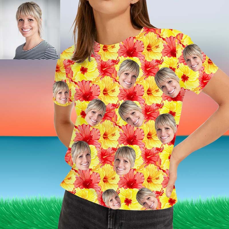 T-shirt hawaïen personnalisé avec fleurs rouges et jaunes
