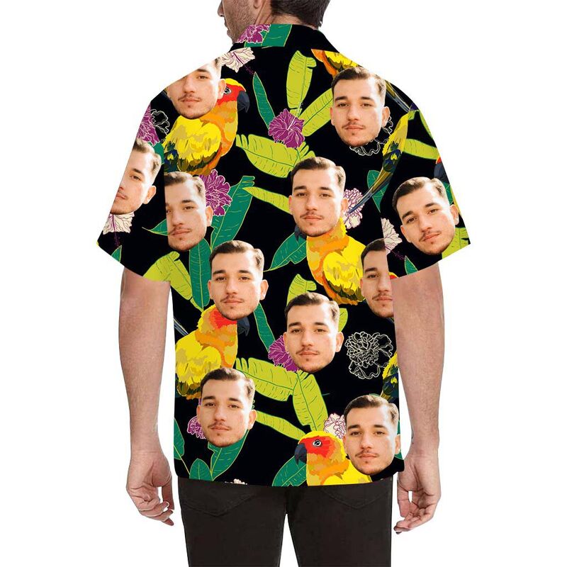 Chemise hawaïenne pour homme à impression intégrale, visage personnalisé, oiseaux, feuilles et fleurs