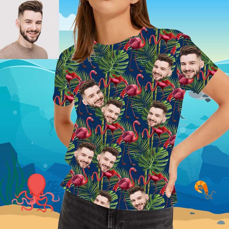 "Red Flamingo In The Grass" Custom Face Women's Hawaiian T-Shirt