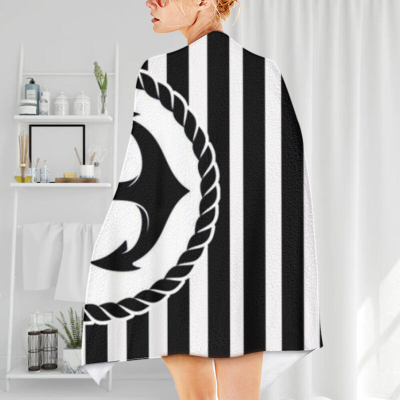 Personalized Name Beach Bath Towel with Black Anchor Pattern Funny Gift for Best Person