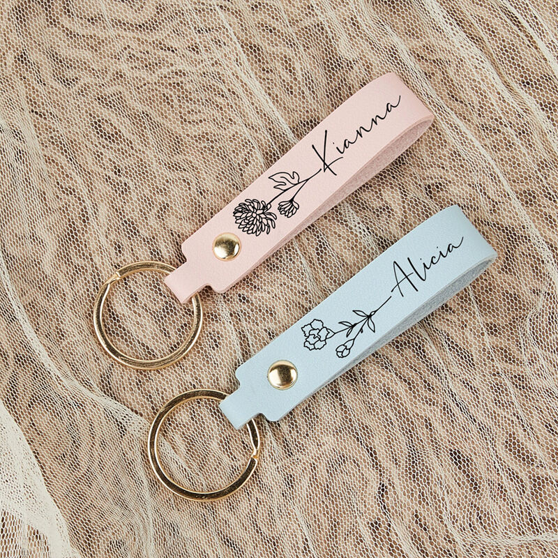 Personalized Leather Keychain with Custom Name and Birth Flower Attractive Gift for Her