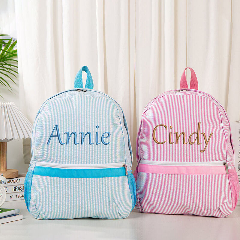 Mochila Infantil Personalizada con Nombre Bordado Bolsa Escolar Seersucker para Estudiantes