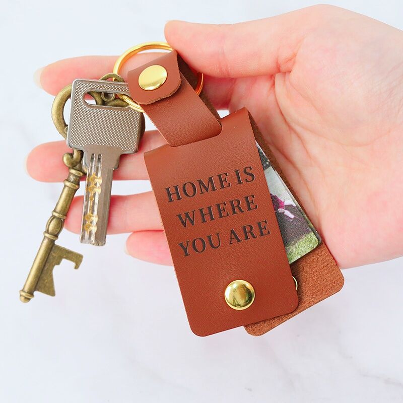 Gepersonaliseerde foto sleutelhanger met leren etui Gepersonaliseerde woorden Betekenisvol cadeau voor hem en papa