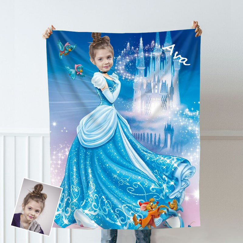 Personalized Custom Photo Blanket Blue Fantasy Castle Background Girls Flannel Blanket