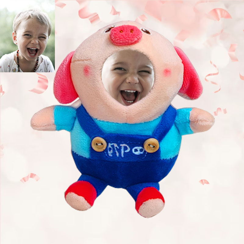 Personalized 3D Custom Face Doll Blue Pig Plush Doll Keychain