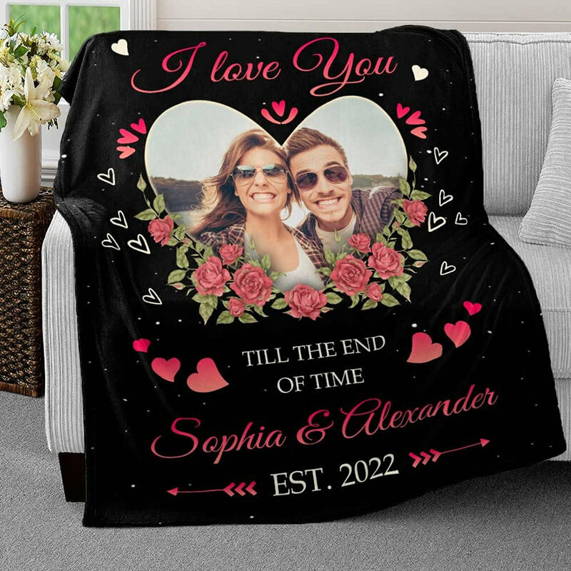 Personalized Picture Blanket with Beautiful Flower Pattern Romantic Present for Valentine's Day