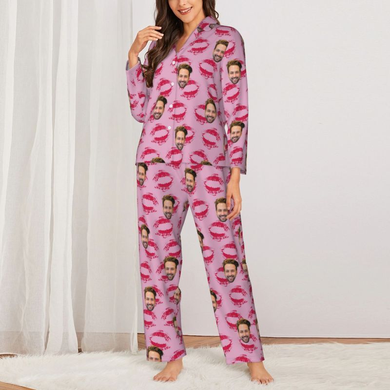 Personalized Pajamas Custom Couple Photo Passionate Kiss Pattern Design Perfect Gift for Lovers