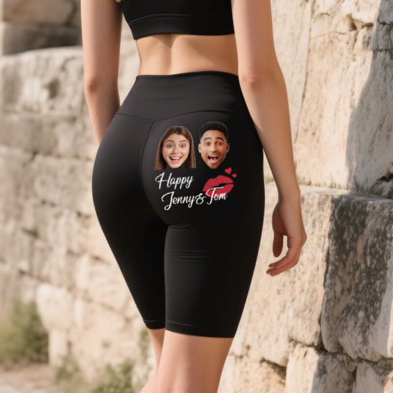 Personalized Biker Leggings Happy Couples Custom Photo Kiss Design Attractive Gift for Her Lovers
