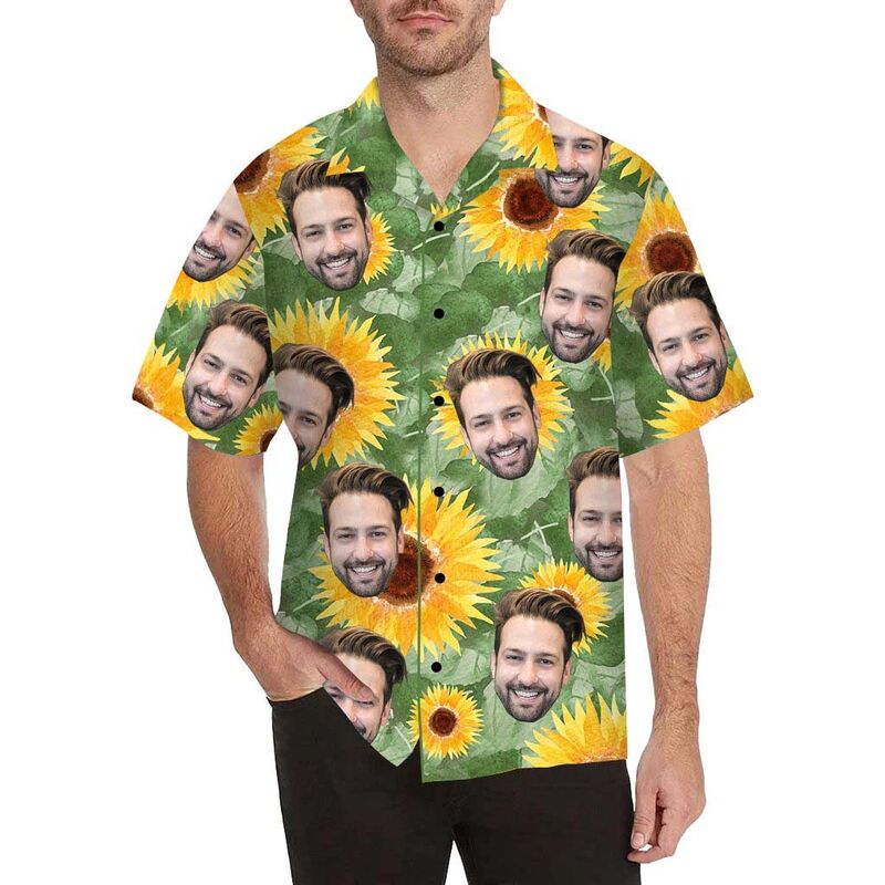 Chemise hawaïenne imprimée sur tout le corps d'un homme avec un visage personnalisé en forme de tournesol