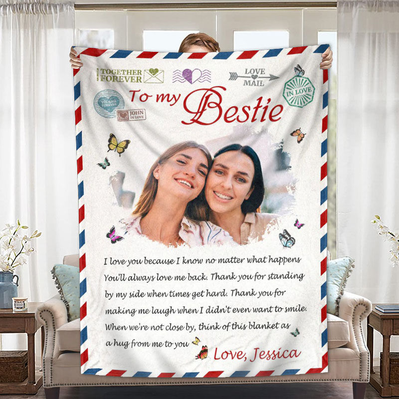 Personalized Picture Blanket with Colorful Butterflies Pattern Funny Present for Bestie