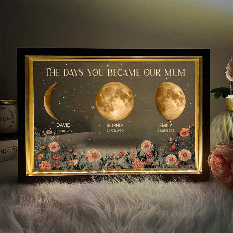 Personalized Moon Phase Picture Night Light with Custom Name And Flowers Best Mother's Day Gift