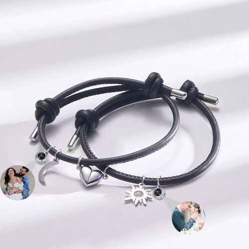 Personalized Photo Projection Couple Bracelet Black String with Moon and Sun Charm