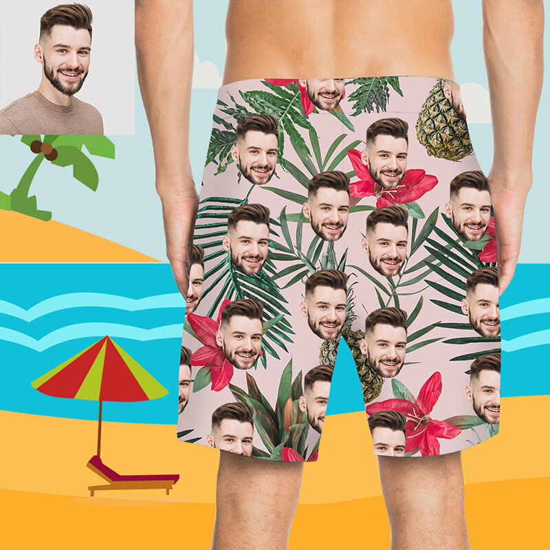 Custom Face Pineapple and Flower Men's Beach Shorts