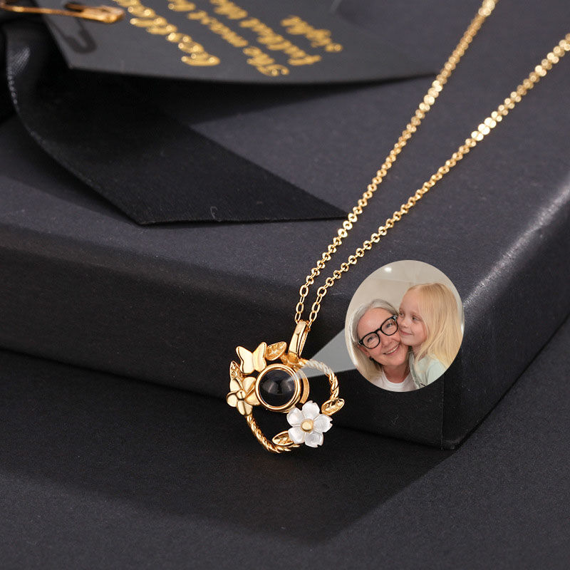 Sterling Silver Personalized Heart Flower Photo Projection Necklace with Diamonds